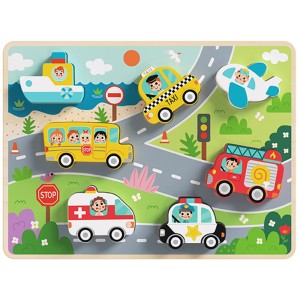 TOOKY TOY Drewniane Puzzle Montessori Pojazdy Samochody Samolot Statek Miasto Dopasuj Kształty